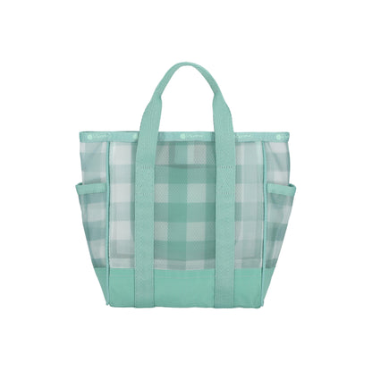 Sheer Medium Open Tote Green Field Gingham Sheer