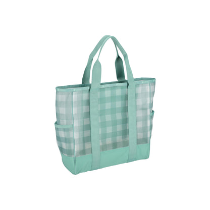 Sheer Large Open Tote Green Field Gingham Sheer