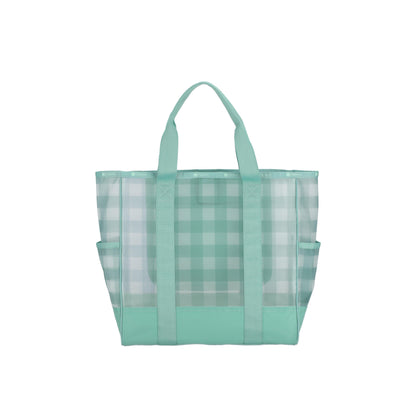Sheer Large Open Tote Green Field Gingham Sheer