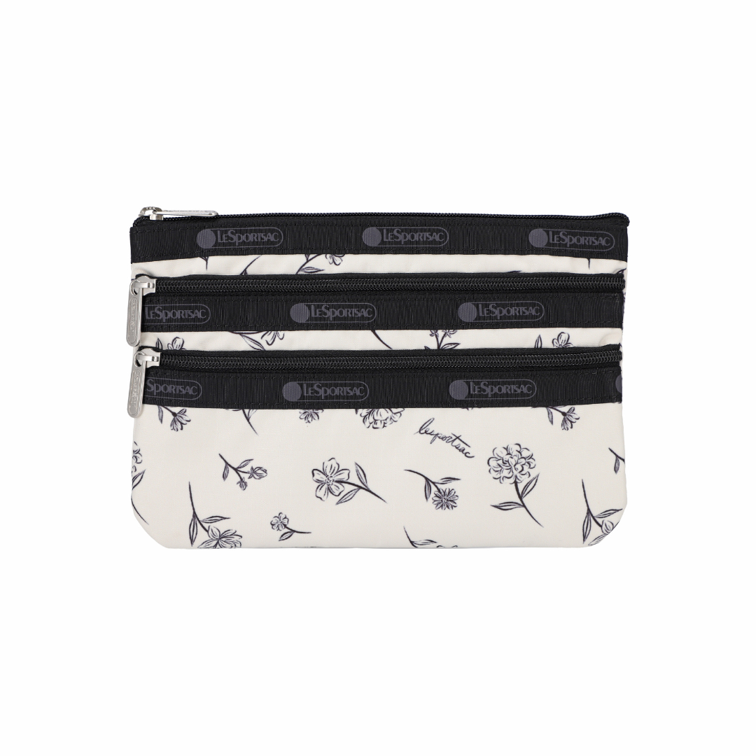 3-Zip Cosmetic Ink Sketched Floral Ivory