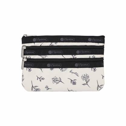 3-Zip Cosmetic Ink Sketched Floral Ivory