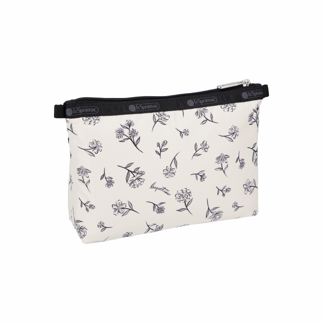 Cosmetic Clutch Ink Sketched Floral Ivory