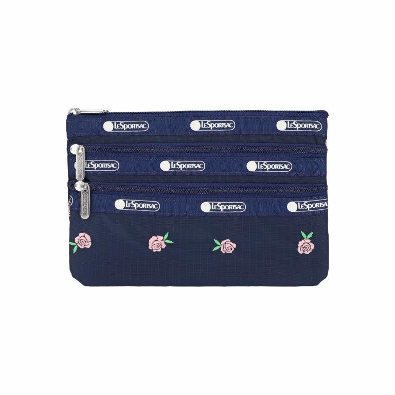 3-Zip Cosmetic Pink Roses Embroidery