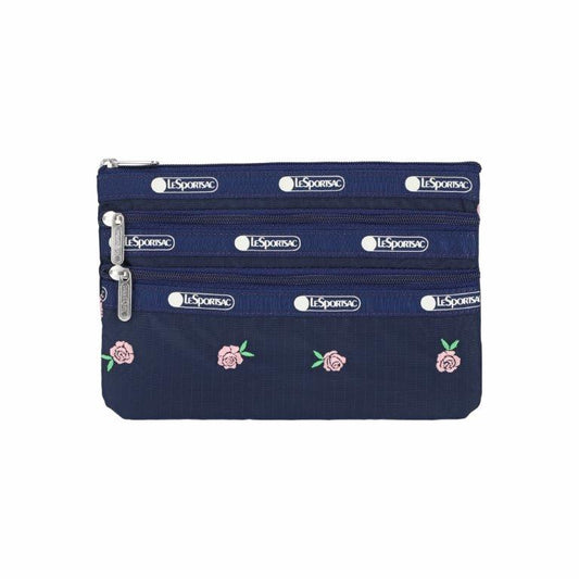 3-Zip Cosmetic Pink Roses Embroidery