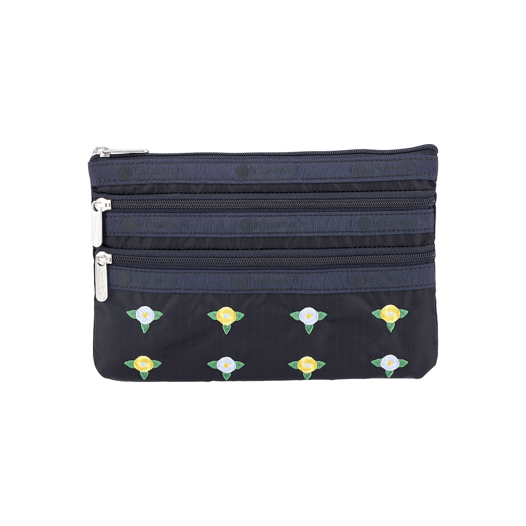 Peony Embroidery 3-Zip Cosmetic Pouch