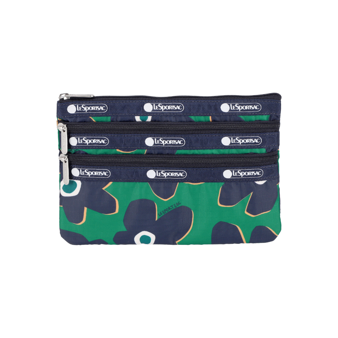 Cutout Floral 3-Zip Cosmetic Pouch