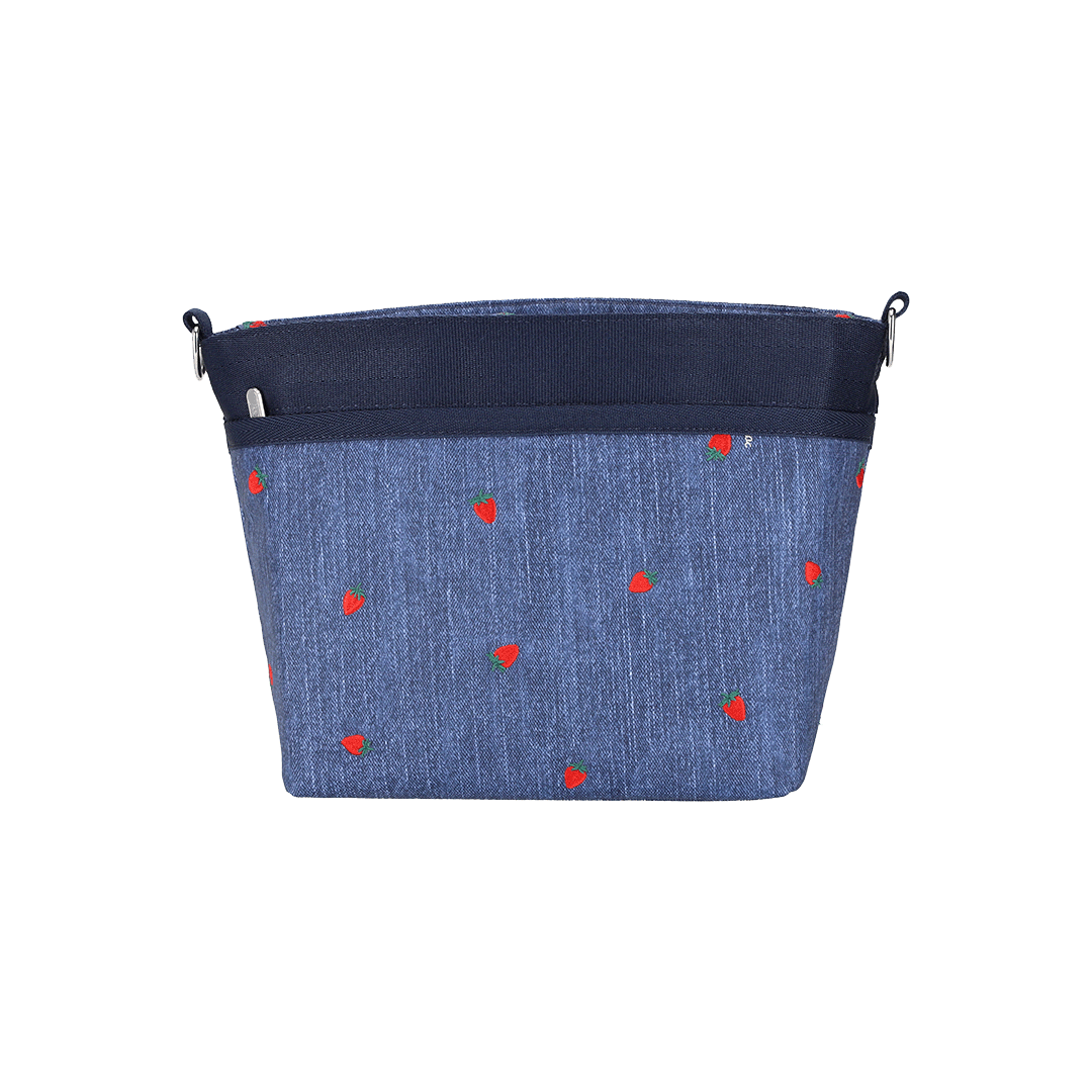 Denim Strawberry Small Bucket Crossbody Bag