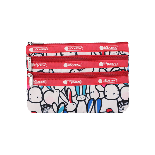 Playful Bunnies Red 3 Zip Cosmetic Pouch